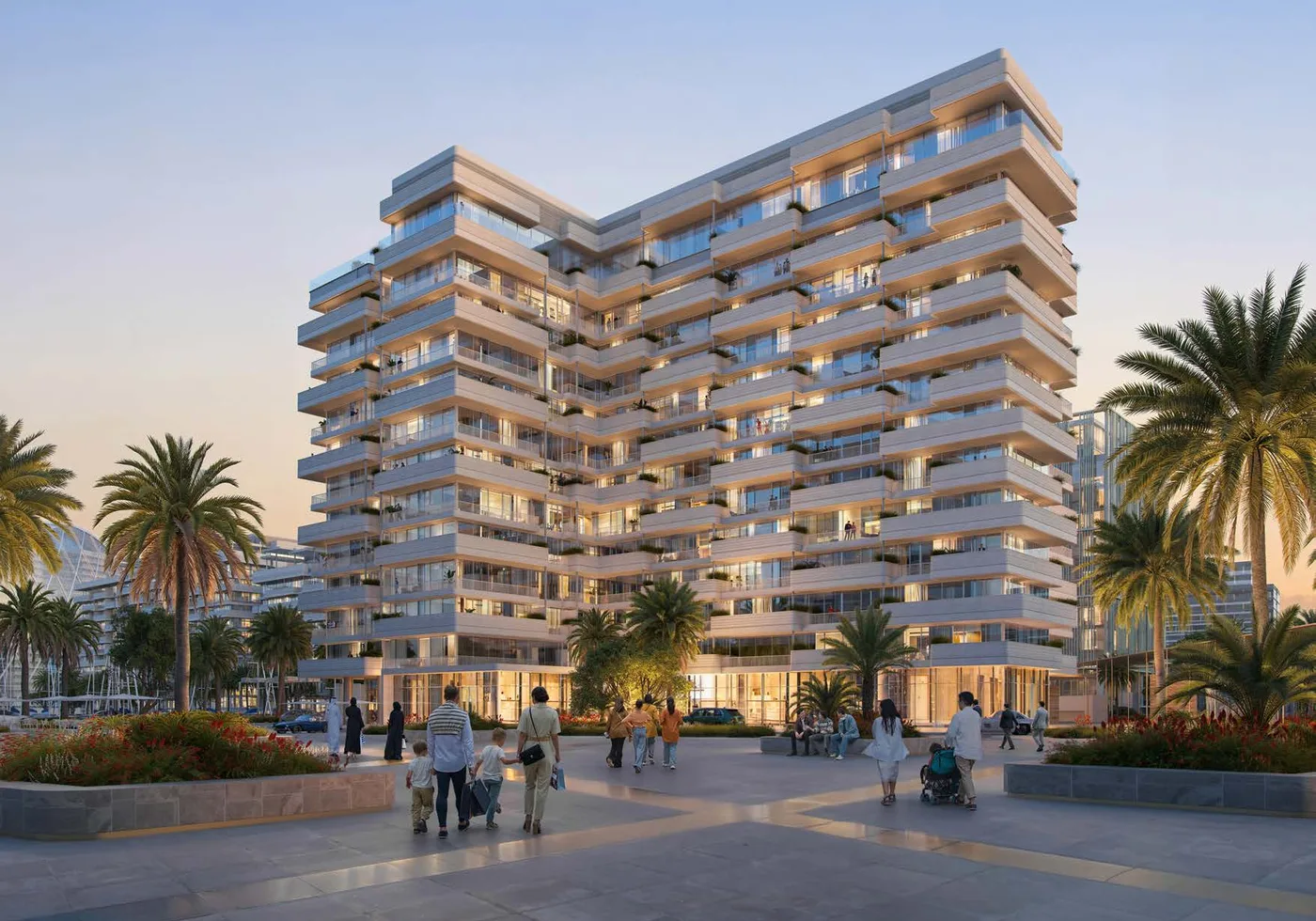Luluat Marina waterfront facade at sunset