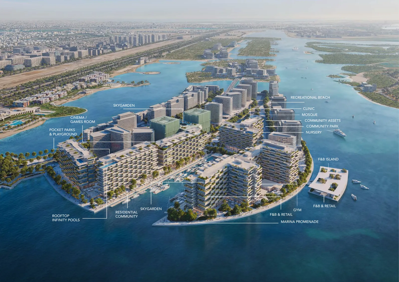 Aerial view of Luluat Al Raha island at the Marina District