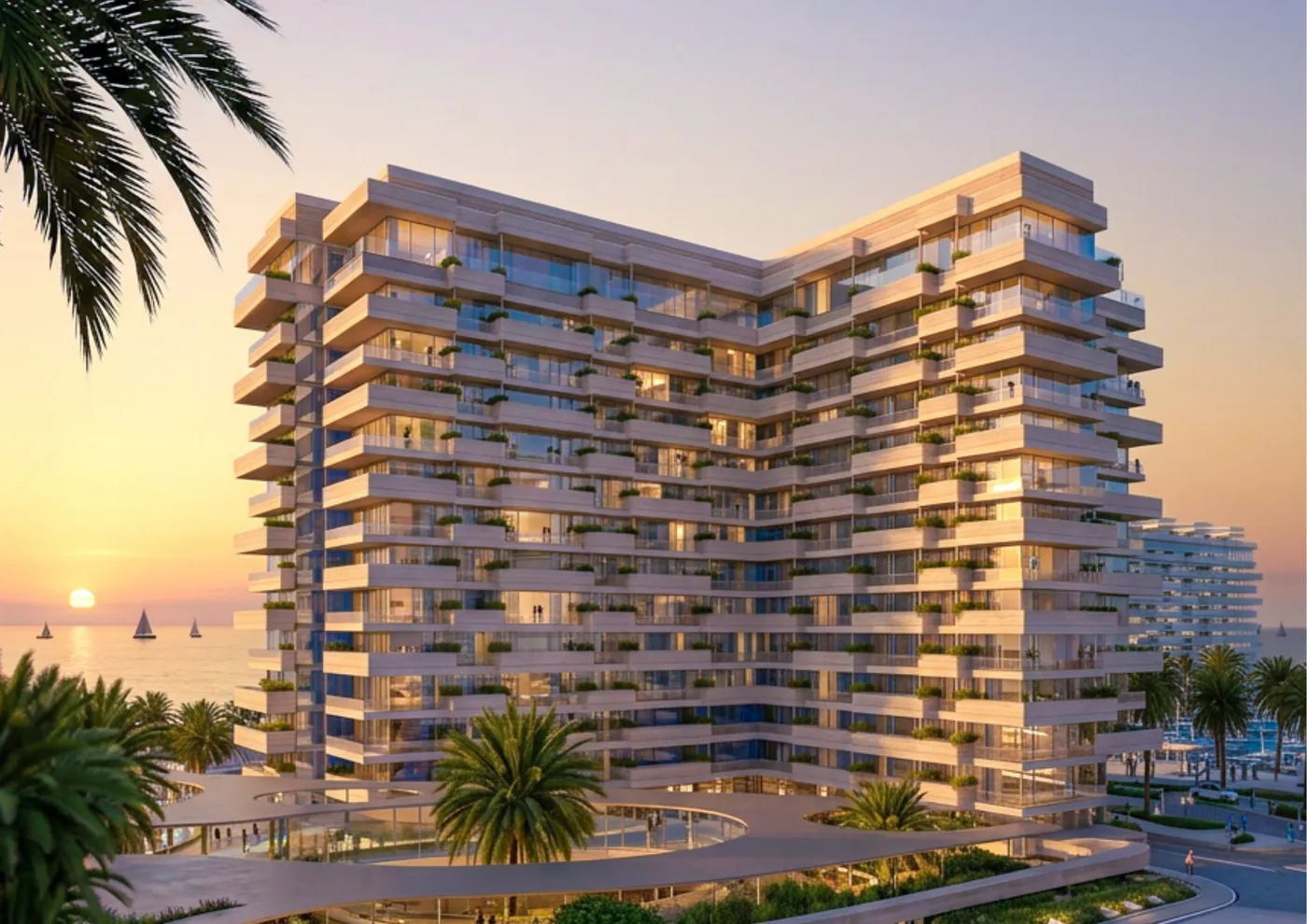 Sea view residences at Luluat Marina at sunset